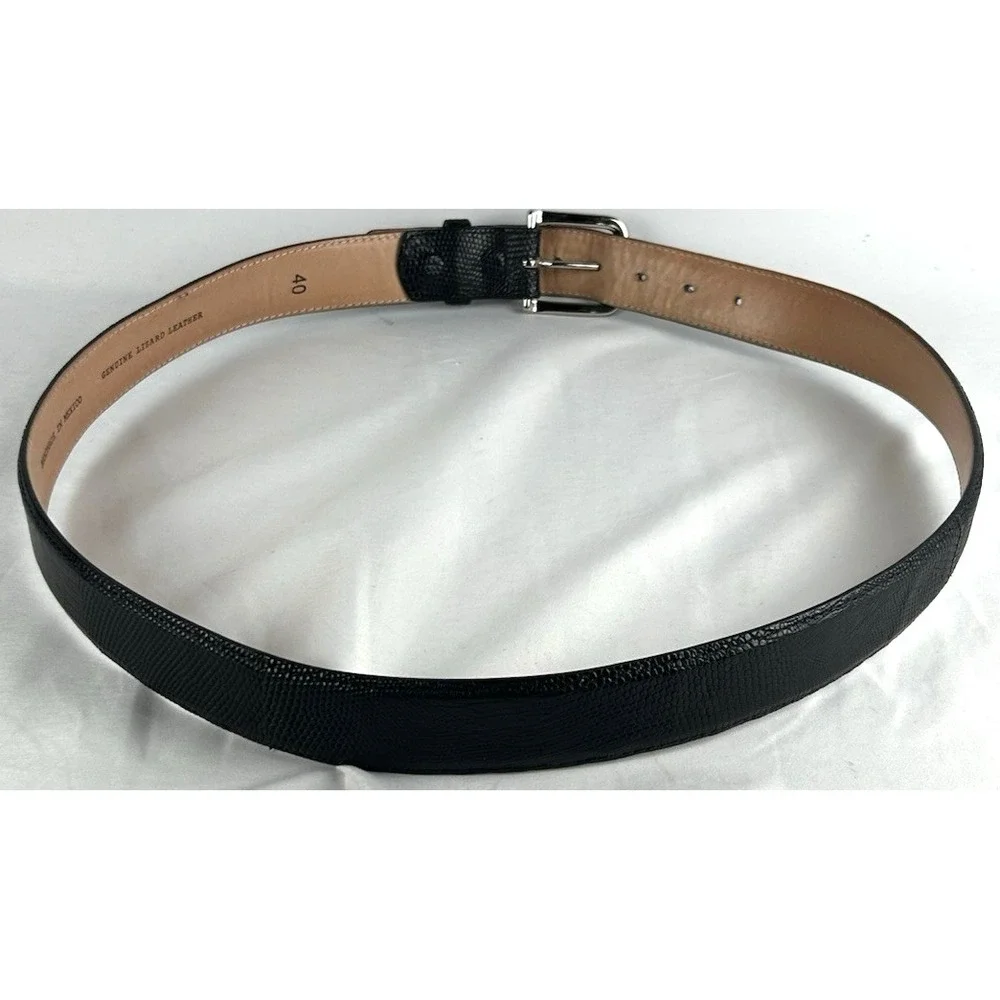 Tecovas Black Genuine Lizard Leather Belt Mens Size 40 Silver Tone Buckle Mexico